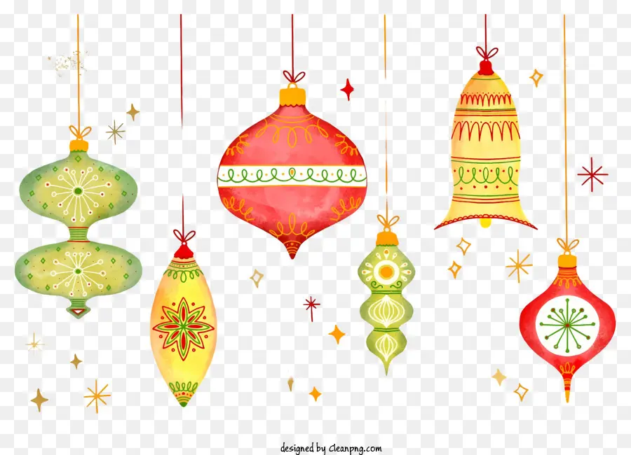 Weihnachtsschmuck - Sammlung von farbenfrohen Weihnachtsverzierung, die an der Schnur hängen