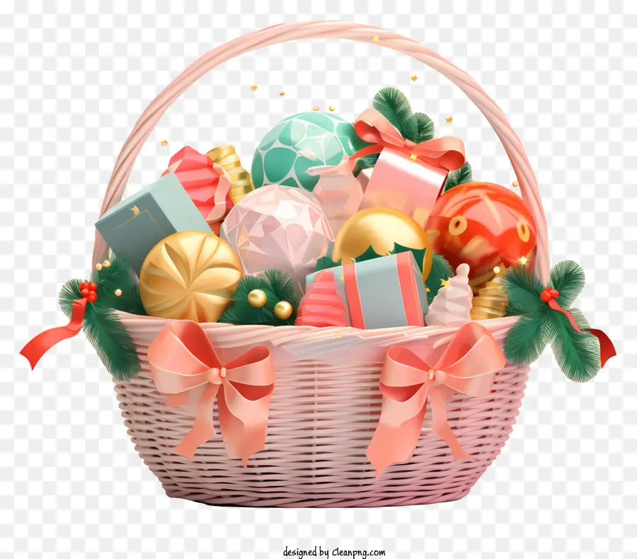 Gifts Baske Balls Bells Ribbons - Cesto simmetrico di regali con decorazioni per le vacanze