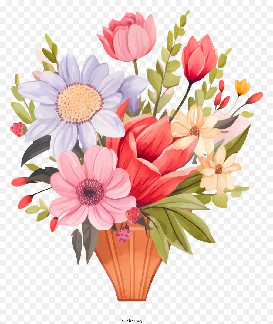 Vase Blumen bunte Rosen Tulpen - Farbenfrohe Vase mit symmetrischer Anordnung von Blumen