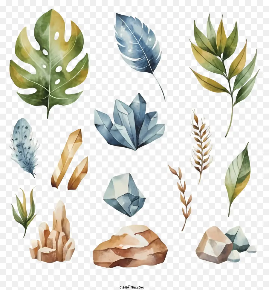 Immagini ad acquerello elementi naturali foglie pietre cristalli - Immagini per acquerelli stravaganti di foglie, pietre, cristalli