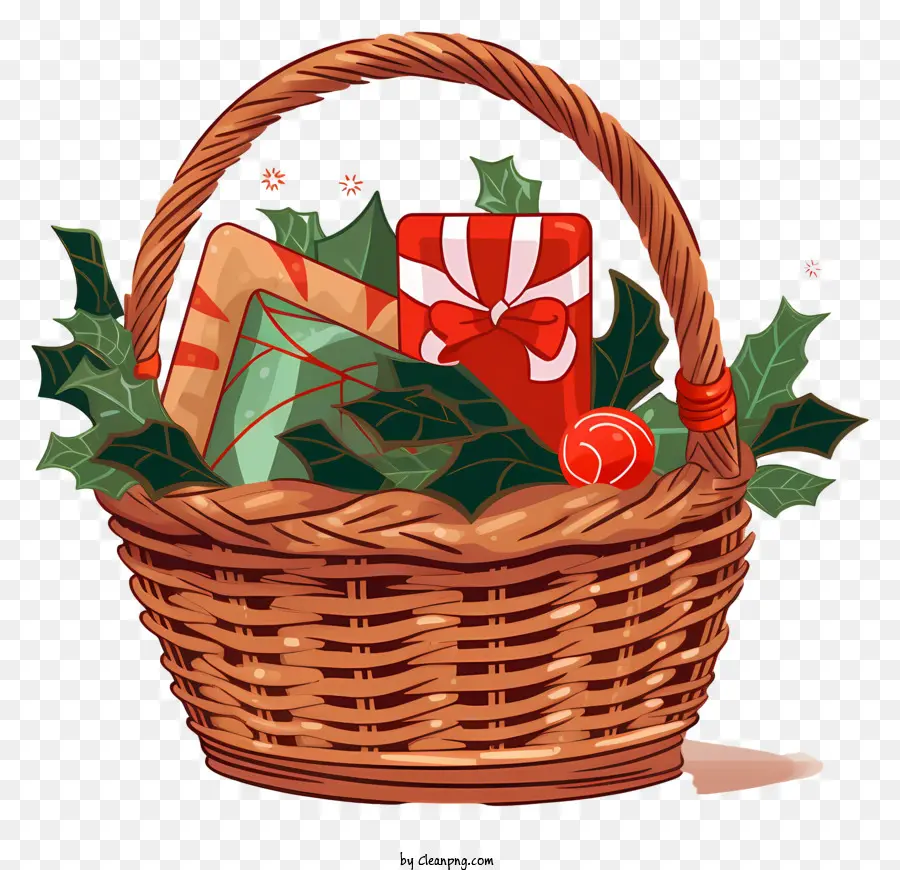 albero di natale - Cestino intrecciato pieno di oggetti a tema natalizio