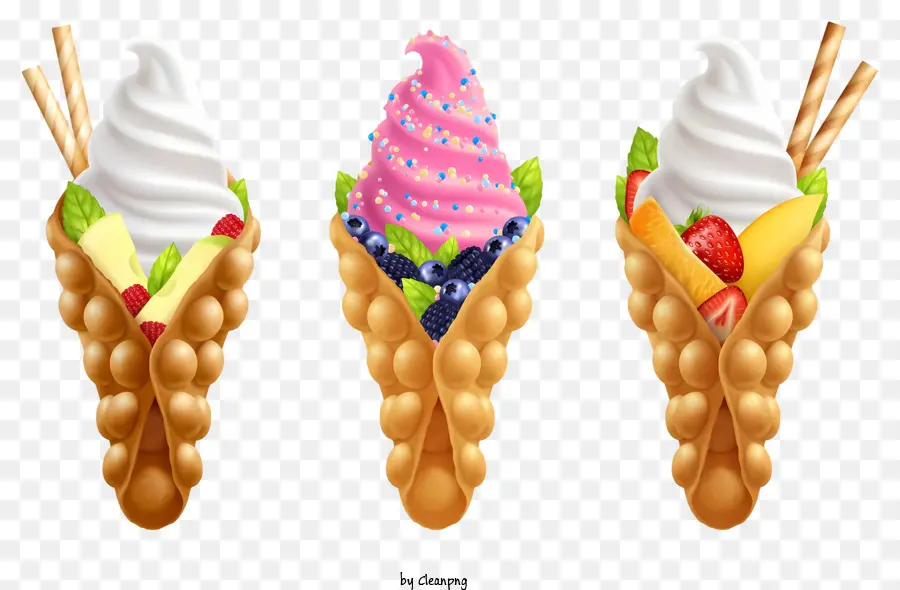 Eis - Drei Waffelkegel mit verschiedenen Desserts