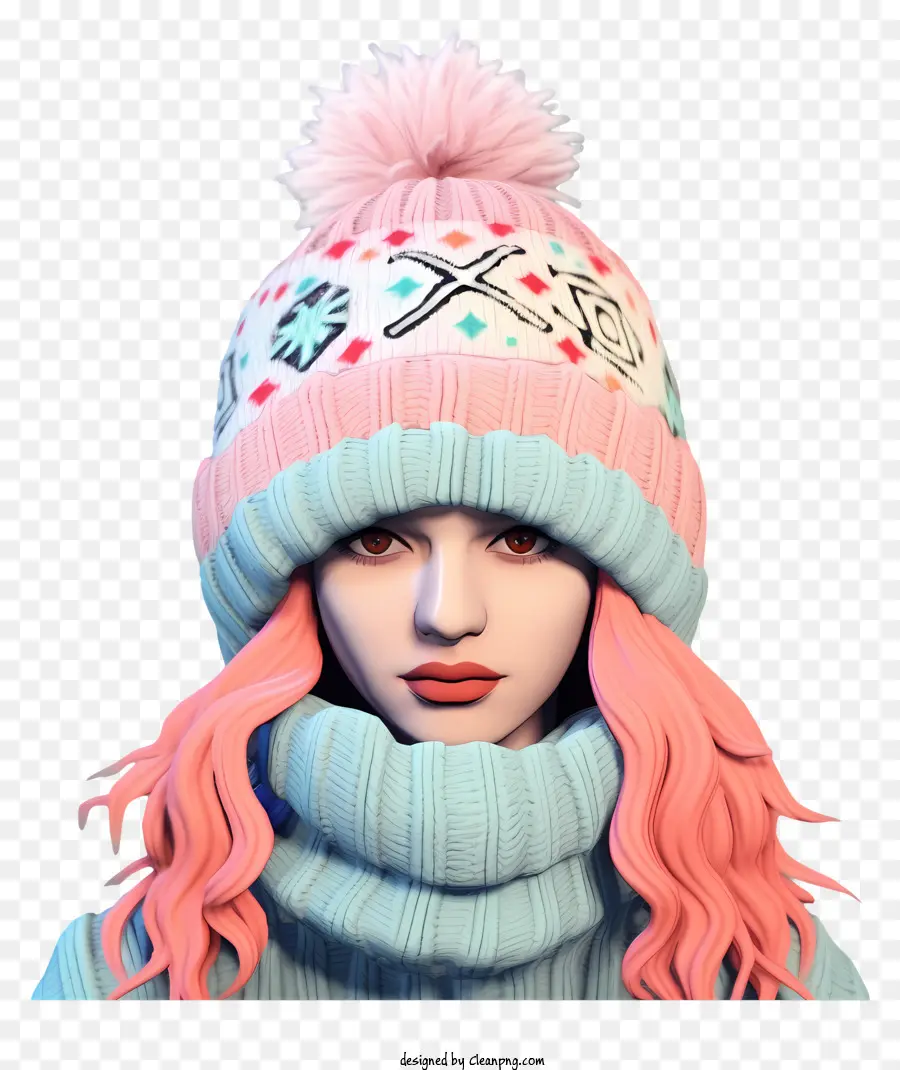 digital rendering woman with pink hair blue knit hat knit scarf knit beanie