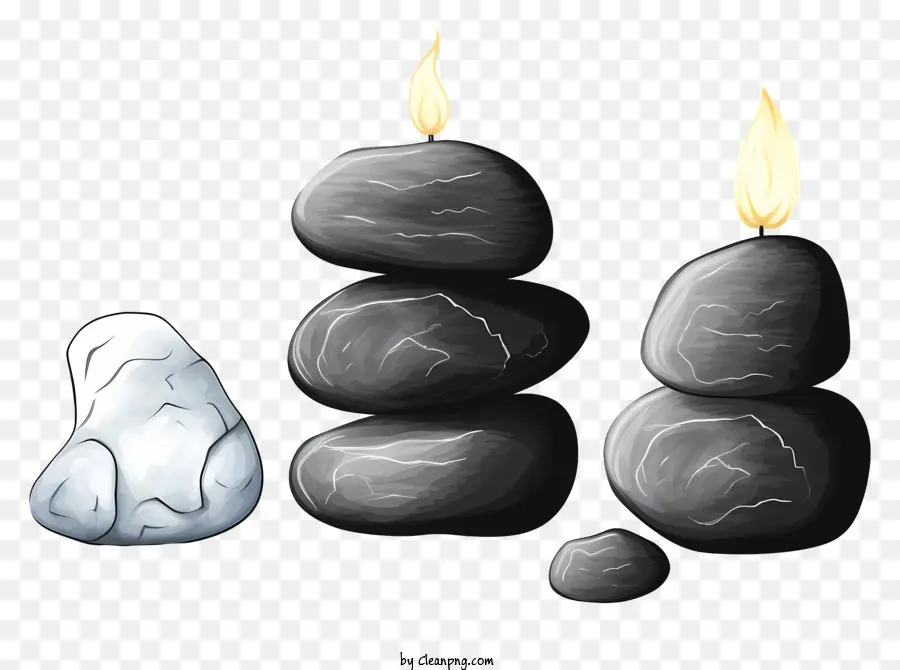 Steinfelsen gestapelte Steine ​​weiß und graue Steine ​​Kerze auf Felsenschwarz Hintergrund - Gestapelte Steinfelsen, Kerze, einfach und realistisch