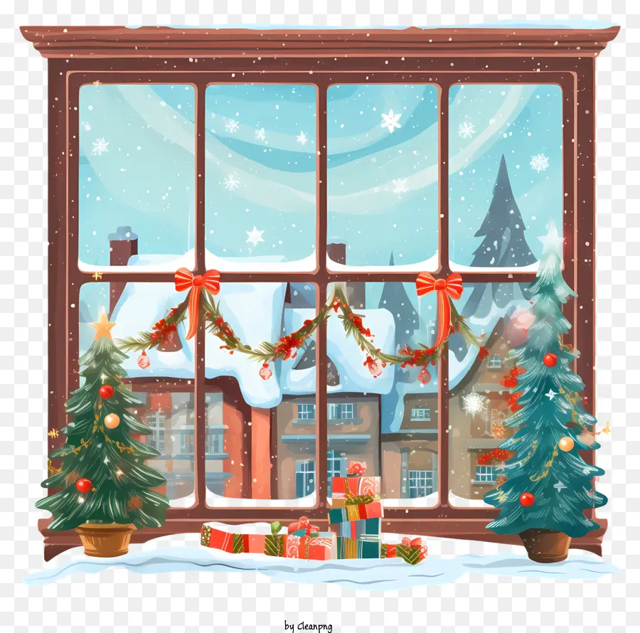 đồ trang trí giáng sinh - Cửa sổ Giáng sinh với đồ trang trí, bông tuyết, tòa nhà gạch