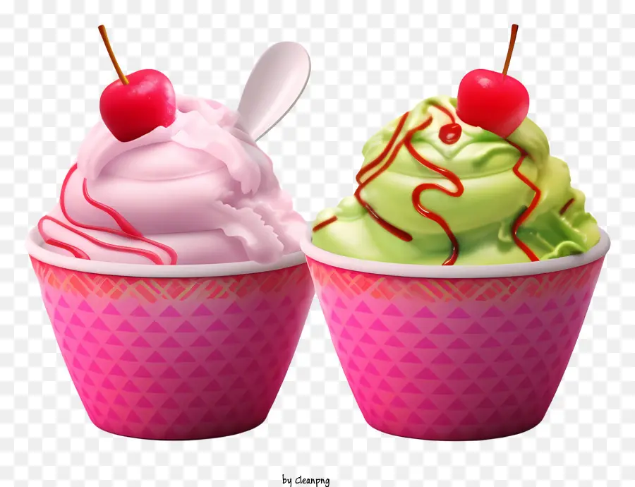 Kem cốc màu hồng và màu xanh lá cây anh đào trên nền màu đen trên cùng - Hai cốc kem với kem màu hồng và xanh, một với một quả anh đào