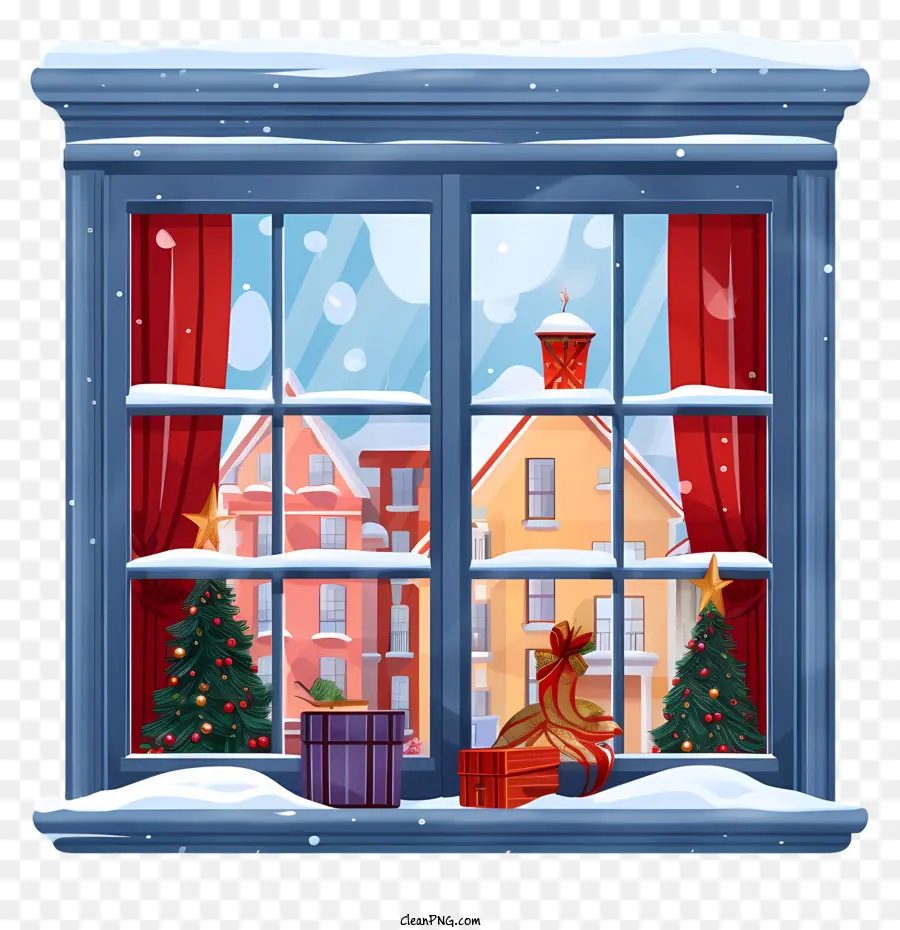 Snowy View Window Decor paesaggio inverno Disegno per finestra aperta - La finestra aperta rivela la vista nevosa con regali