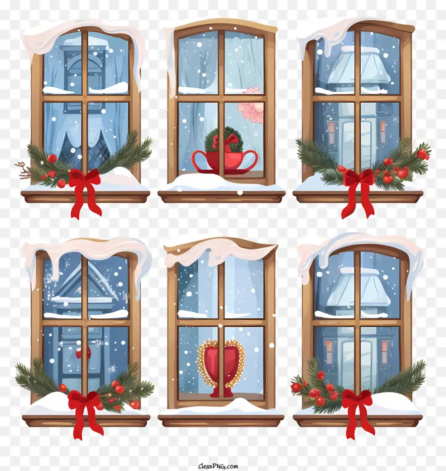 winter decorations snowy landscapes christmas window displays red ribbon and bows wreaths on windows