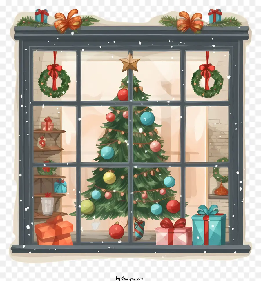 albero di natale - Finestra con albero di Natale, decorazioni e regali