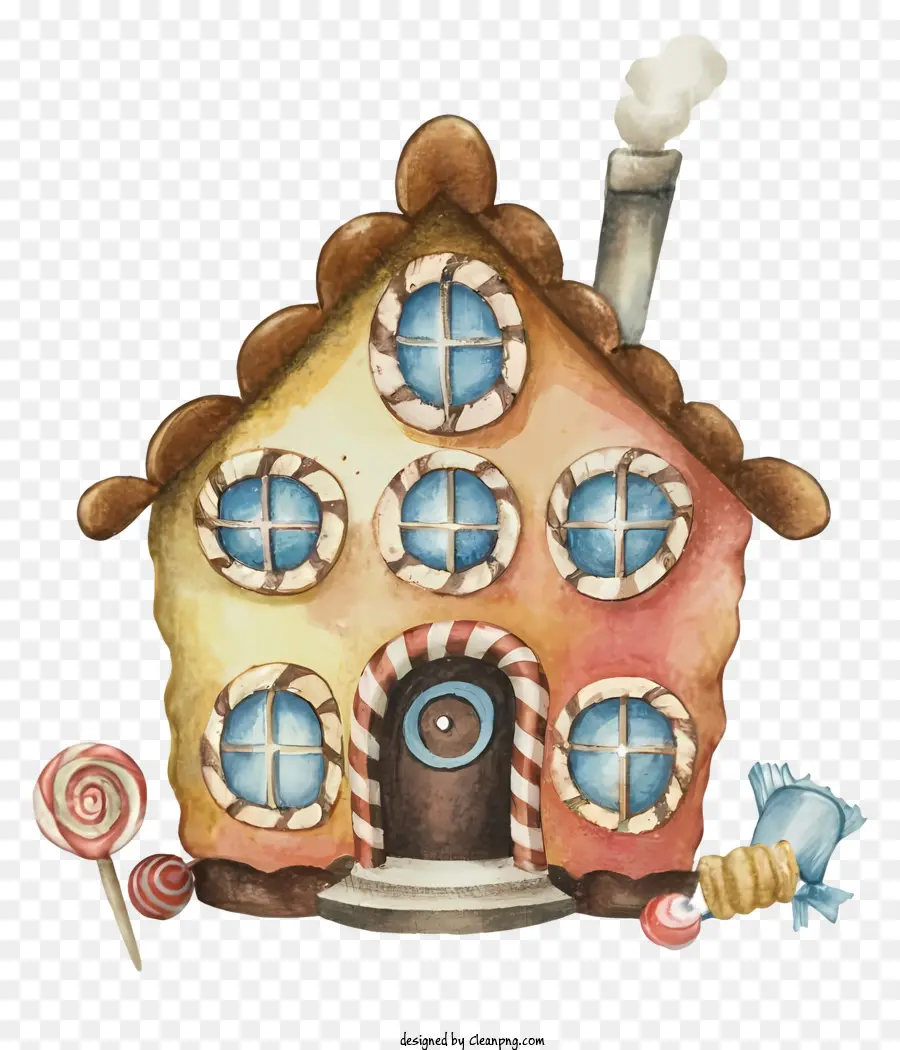 bastoncino di zucchero - Illustrazione ad acquerello di una casa dal tetto rotondo con decorazioni di caramelle