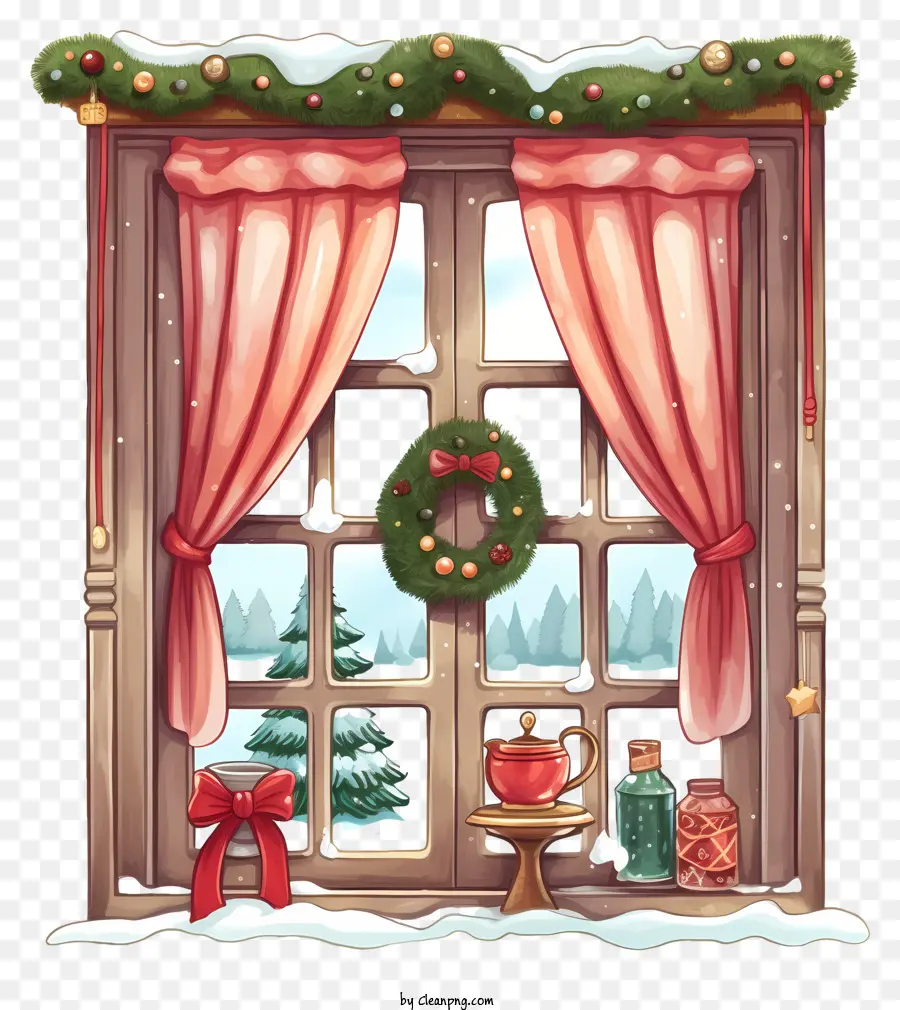 Weihnachtsfensterdekorationen Festliche Wohnkultur gemütliche Winterszene Urlaubsfenster zeigt schneebedeckte Fensteransicht - Gemütliches, festliches Fenster mit rosa Vorhang und Schnee