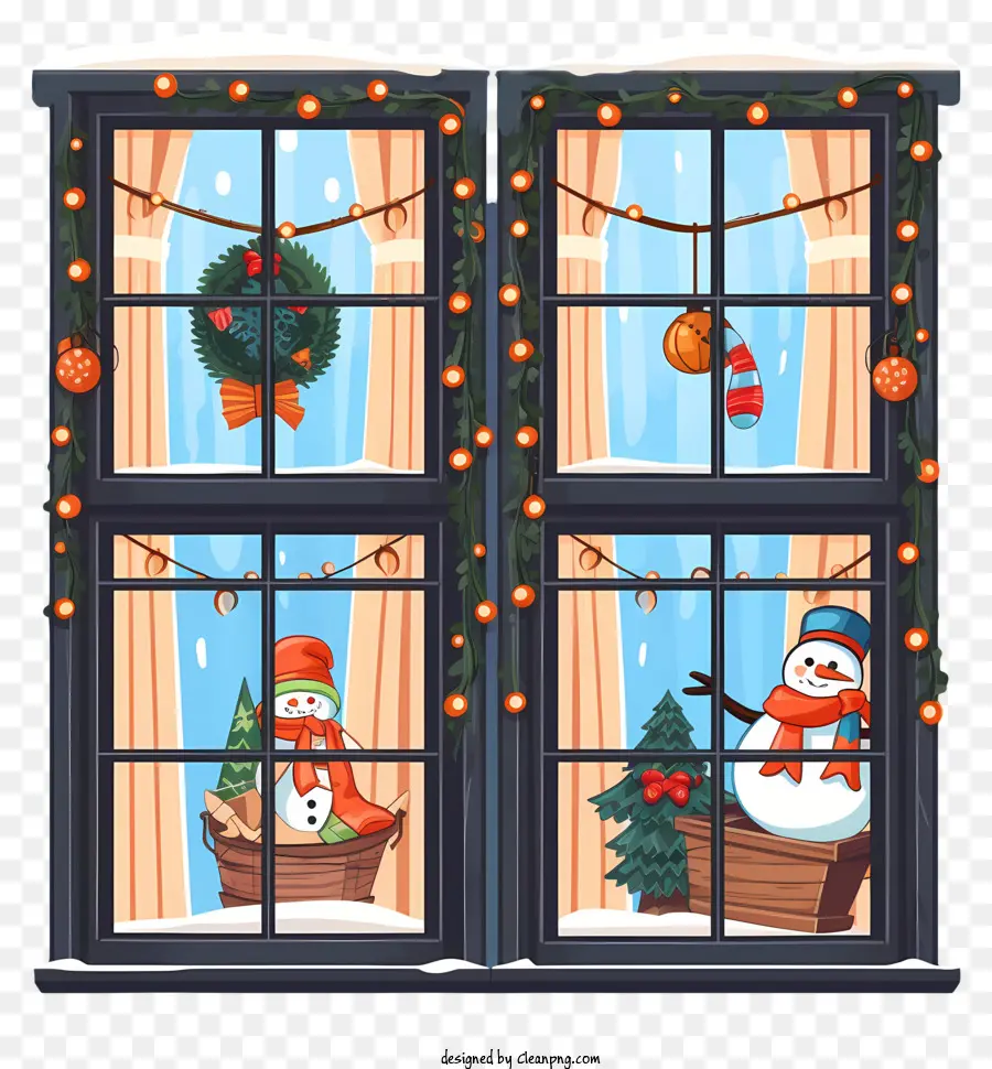Luci dell'albero di natale - Finestra a tema di Natale con ghirlanda, ghirlanda, pupazzo di neve, albero, fiocchi di neve