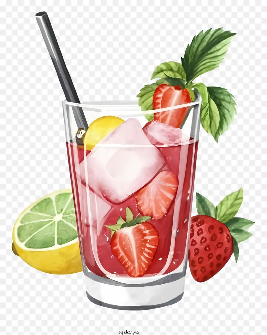 watercolor illustration glass with pink drink lime wedges straw strawberry slices