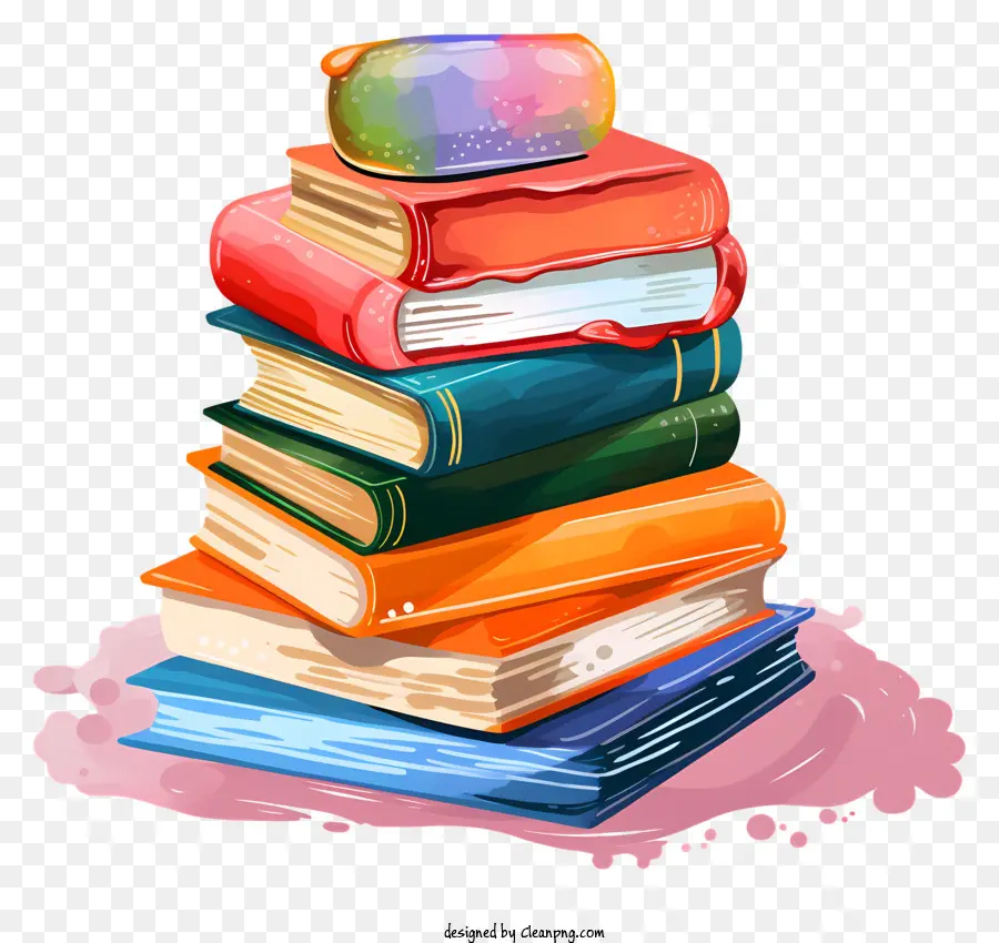 Stapel Bücher - Farbenfrohe abgenutzte Bücher mit Wassertropfen und Stroh