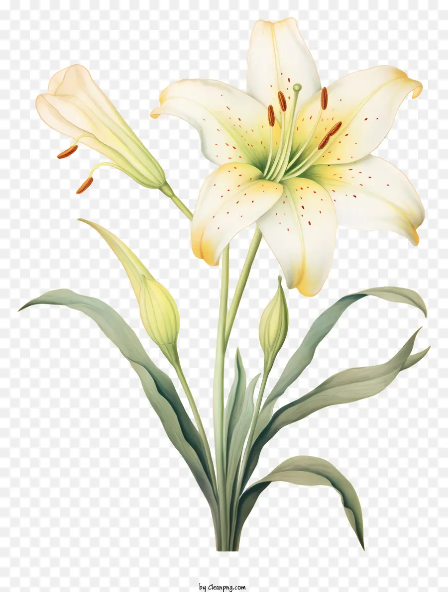 Lily màu trắng đầy đủ hoa trung tâm lá xanh lá cây - Lily trắng nở rộ trên màu đen