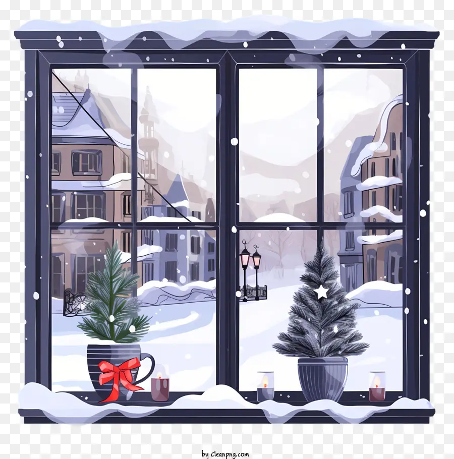 cây giáng sinh - Khung cảnh mùa đông với tuyết, tòa nhà và đồ trang trí Giáng sinh