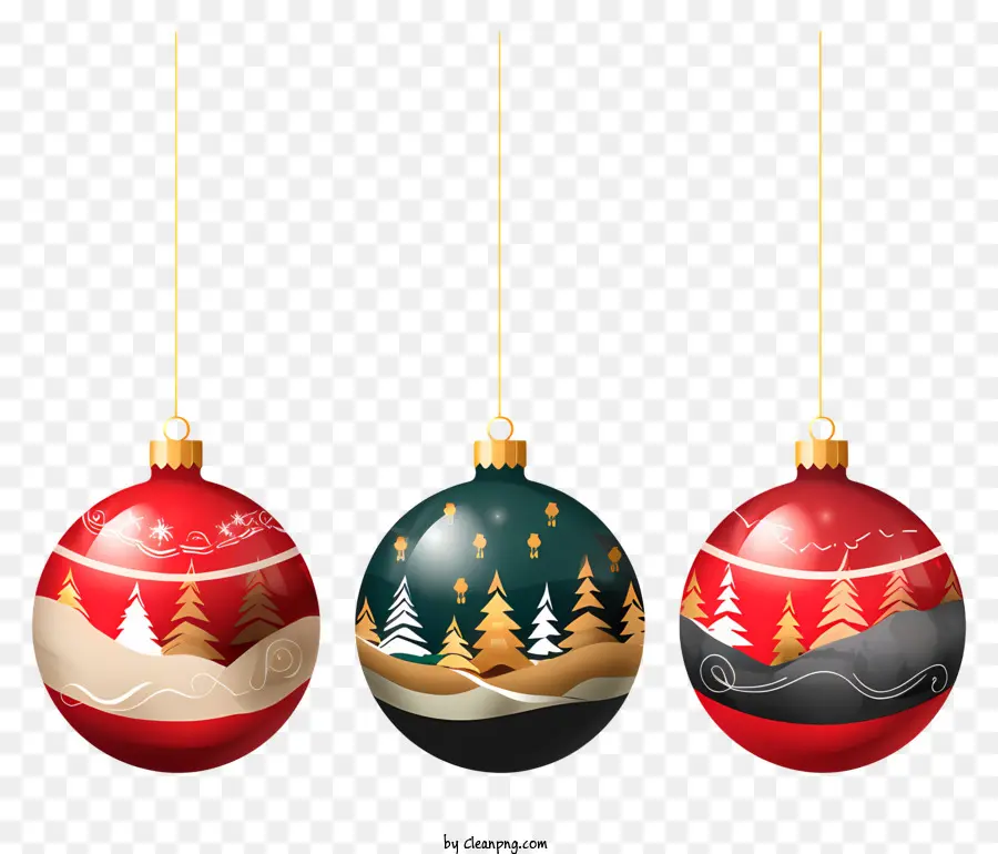 decorazioni per albero di natale - Tre ornamenti natalizi appesi su sfondo nero