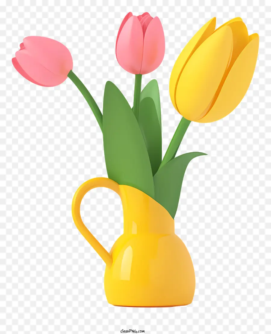 tulips vase pink and yellow green leaves plastic
