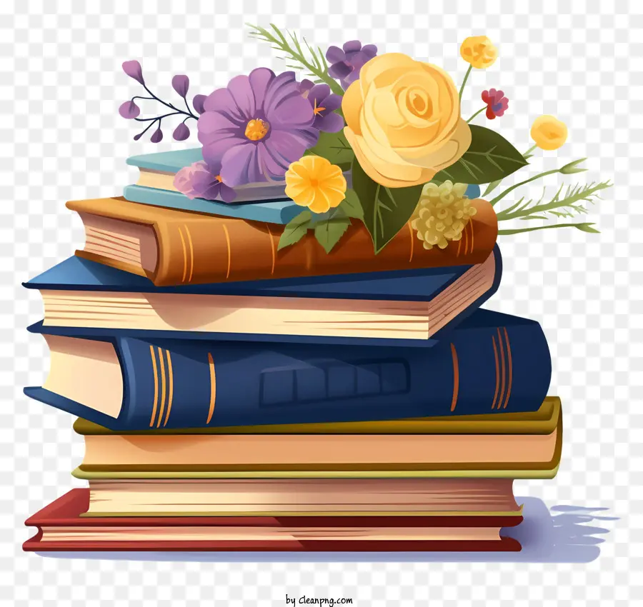 đống sách - Một hình ảnh tối giản của những cuốn sách và hoa cũ