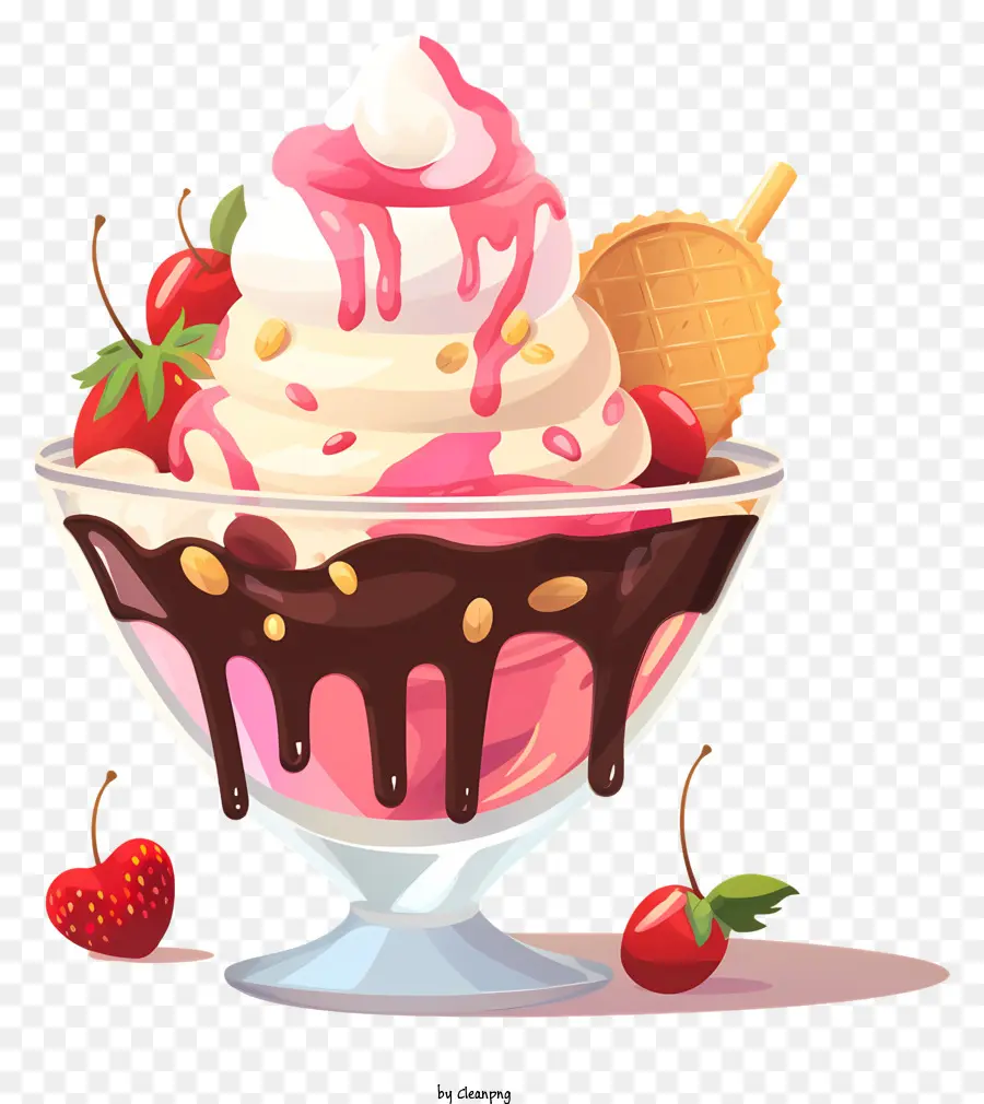 Erdbeer -Eis -Kirsch -Schokoladensirup Schlagsahnedessert - Erdbeereis mit Kirsche, Sirup und Belägen