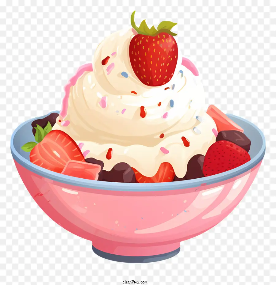 pink bowl strawberry ice cream fruit cherries chocolate chips