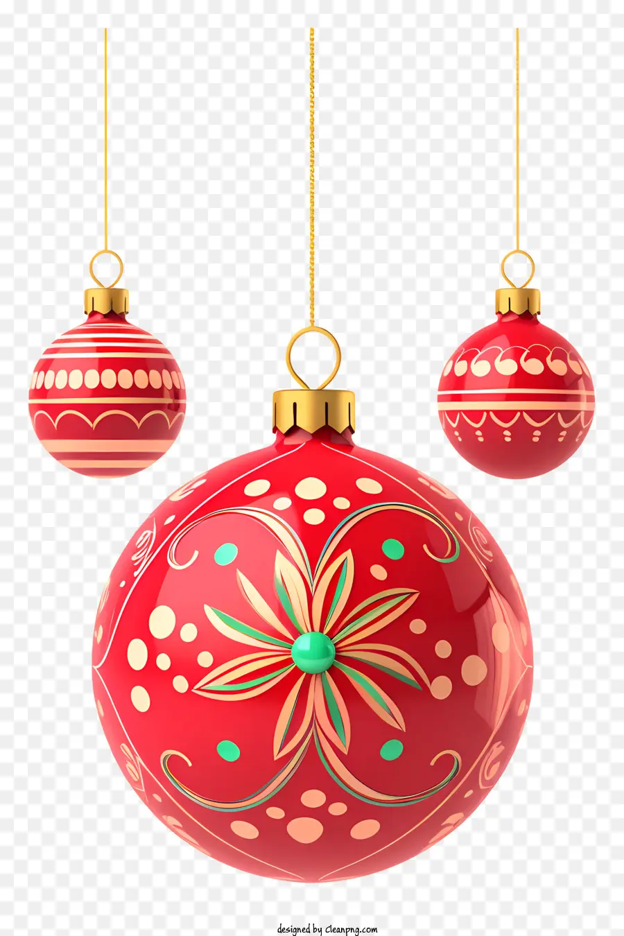 rote und goldene Ornamente Schneeflocke Design einfacher Muster Nahaufnahme schwarzer Hintergrund - Drei rote und goldene Ornamente an der Kette