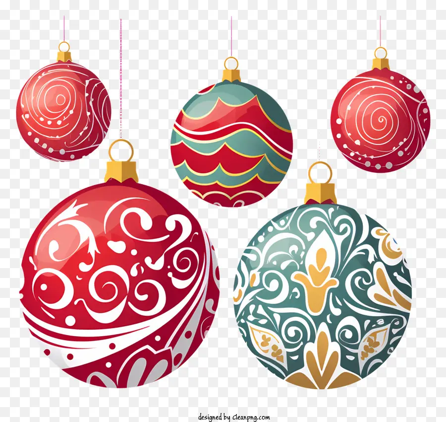 Weihnachtsschmuck - Reihe von Ornamenten mit rot, Gold und Silbermustern