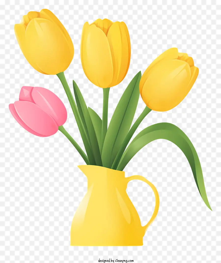 Blumenvase - Gelbe Vase mit rosa und gelben Tulpen
