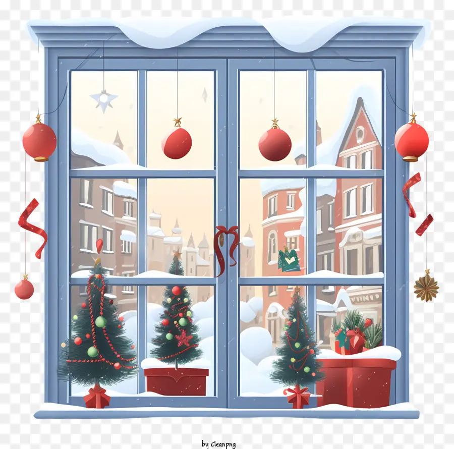 Weihnachtsbaum - Fenster mit schneebedeckter Aussicht, Weihnachtsdekorationen im Inneren
