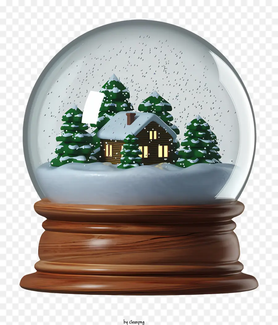snow globe house winter scene wood house with white roof snow-covered trees dark gray sky with clouds