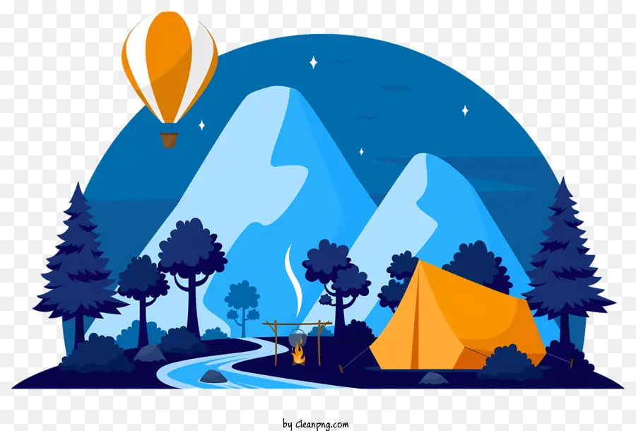 Heißluftballon - Nachtwanderer umgeben von Bergen und Bäumen, mondhellem Heißluftballon
