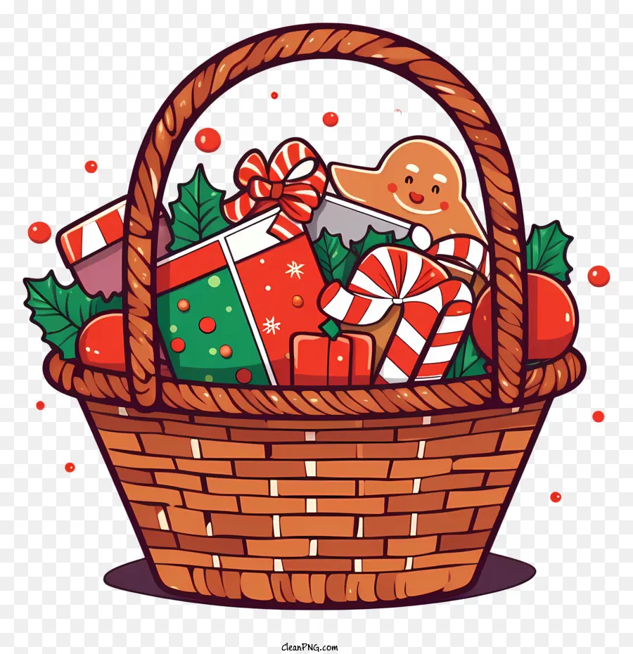 regali di natale - Cesto con regali di Natale, fiocco rosso, ghirlanda