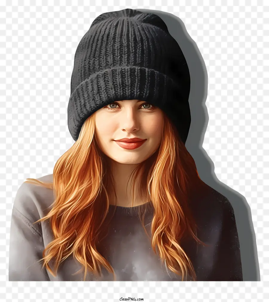 young woman black knit hat red hair loose waves gray turtleneck sweater