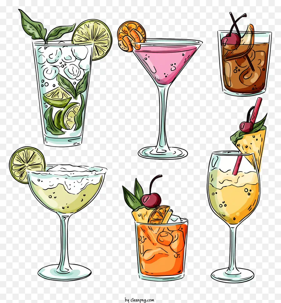 Cocktails saure Getränke süße Getränke garnieren Limette - Verschiedene Cocktails mit Beilagen in verschiedenen Brillen
