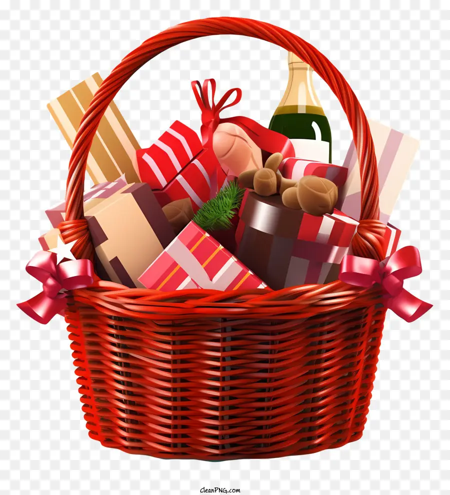 nastro rosso - Cestino di vimini rossi con regali e decorazioni