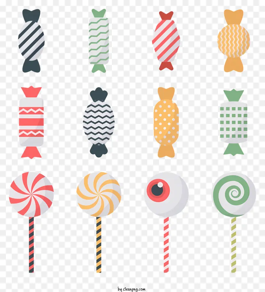 Candy Lollipops Gummibärchen Harte Süßigkeiten verschiedene Farben - Farbenfrohe Süßigkeiten in spielerischen Mustern auf Schwarz arrangiert