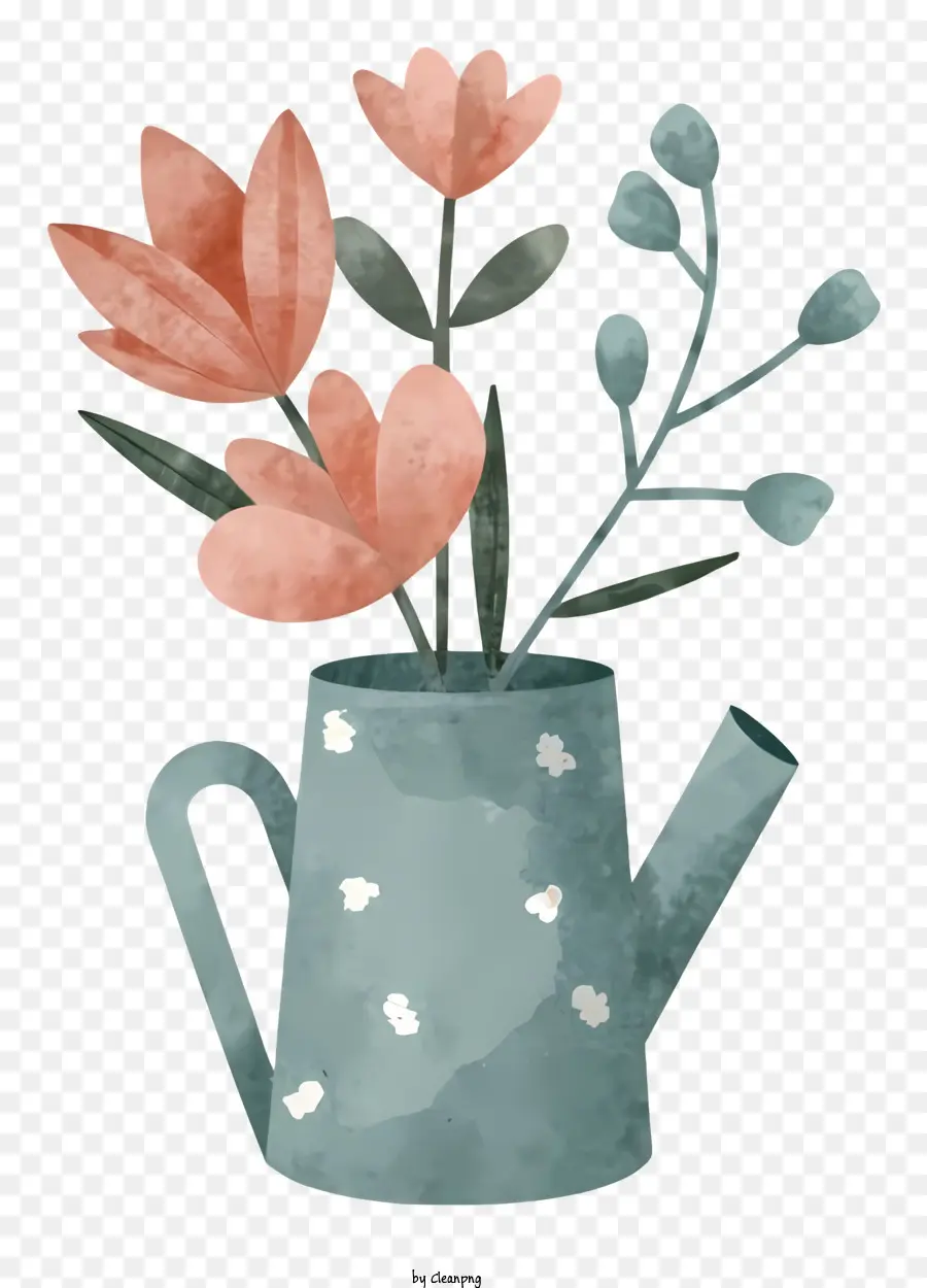 la disposizione dei fiori - Fiori rosa in vaso con lattina di annaffiatura