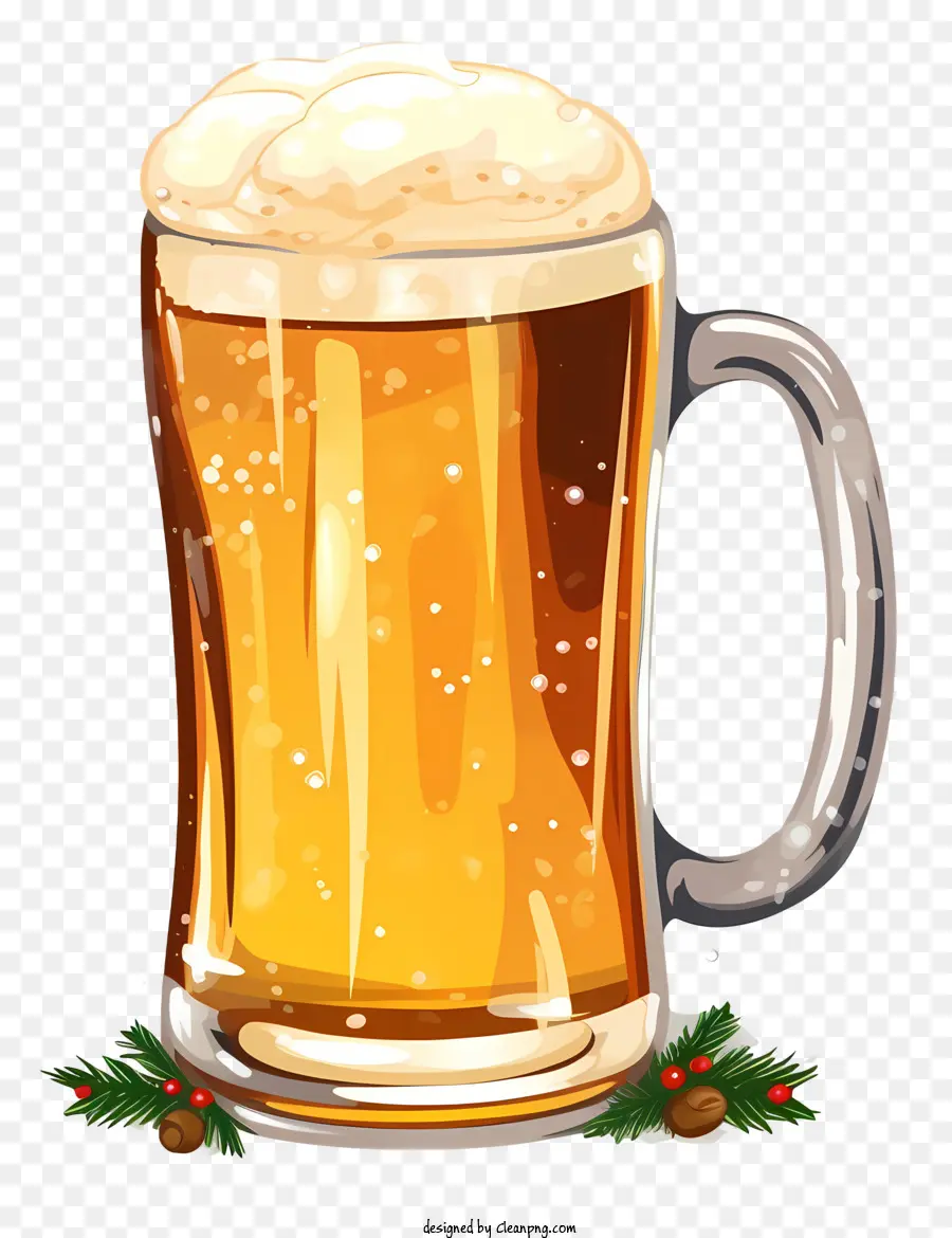 Glas Becher schaumiger Bierweig von Holly Holly Blätter Stechpalme Beeren - Schaumes Bier in Glasbecher mit Stechpalme