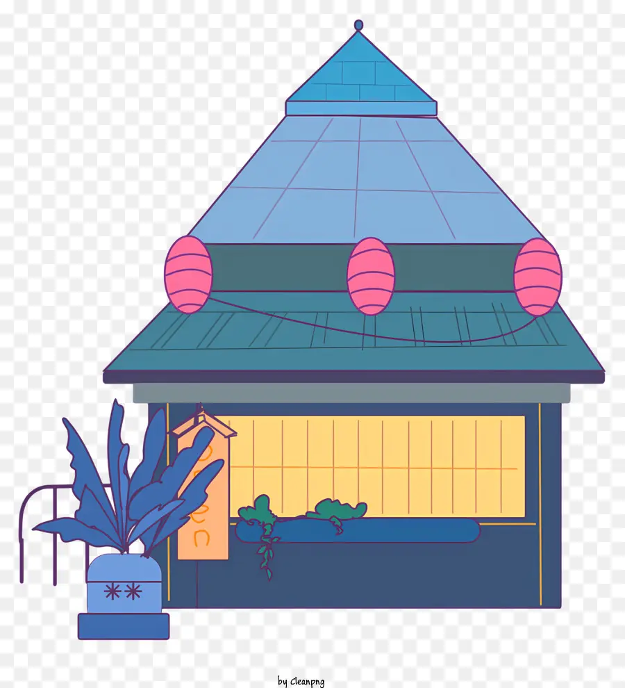 Pianta rossa di piccola casa piante in vaso in legno Portico Verde Green - Piccola casa con tetto rosso, piante, portico di legno, circondata da alberi, cielo blu