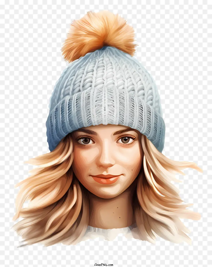 Blonde Haare blaue Augen stricken Hut hellblau Pullover Mädchen - Freundliches, selbstbewusstes Mädchen in Strickhut und blauen Pullover