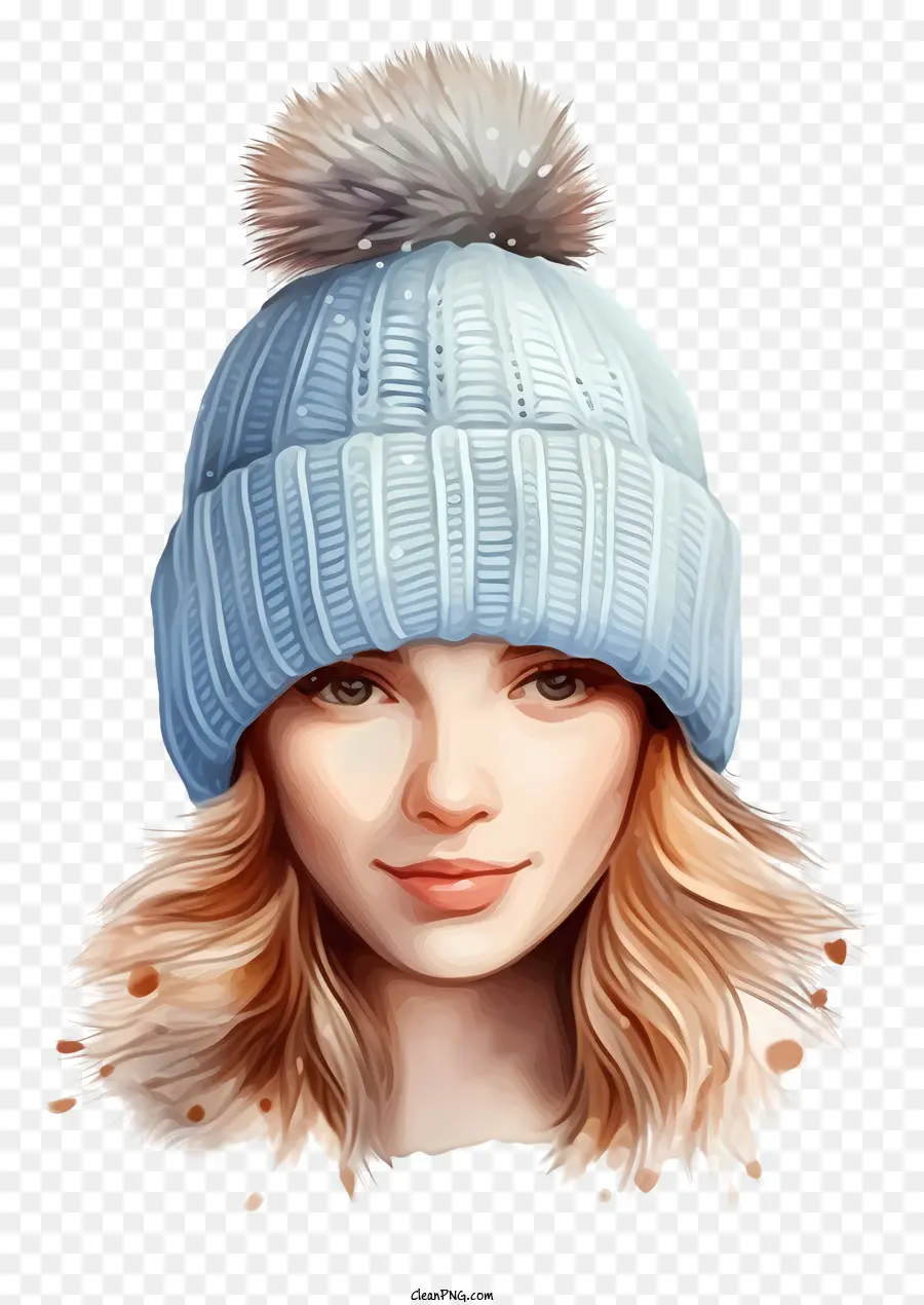 Frau Blauer Strickhut blauer Schal lang blonde Haare runde Gesicht - Junge Frau, die blauen Hut und Schal trägt, lächelt