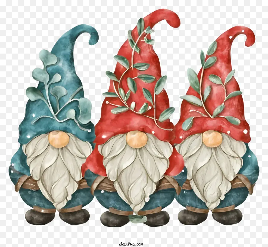 clay gnomes watercolor gnome figurines red and green gnome clothing textured green gnome clothing wooden staff gnome figurines
