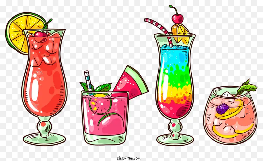 Eiswürfel - Verschiedene farbenfrohe und fruchtige Getränke mit einzigartigen Garnierungen