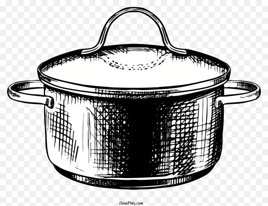 Schwarz -Weiß -Topf und Pan Metal Pot und Pan Shiny Topf und Pan Polished Cookware Sketch Zeichnung aus Topf und Pfanne - Schwarz -Weiß -Skizze von glänzendem Metallkochgeschirr