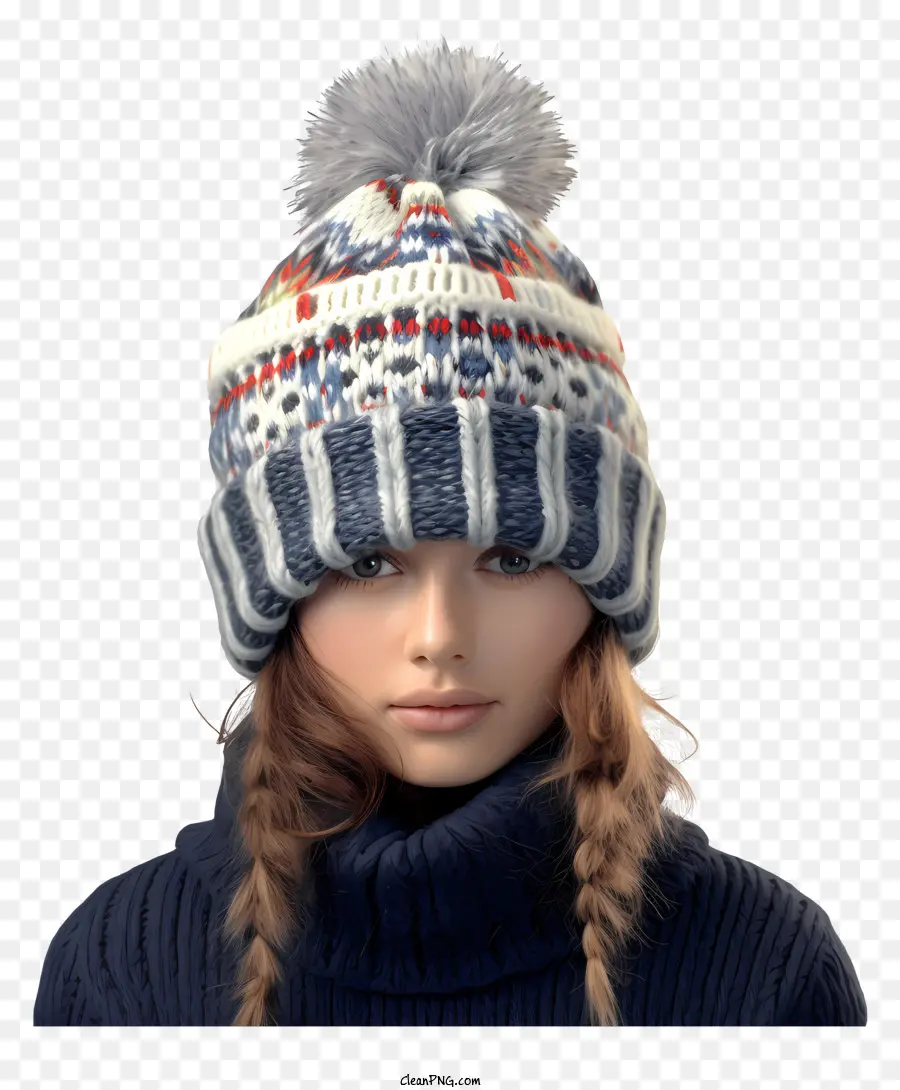 Mode Winterstil Strickhut blaues Hut weißes Muster - Junge Frau in blauem Hut und schwarzem Pullover