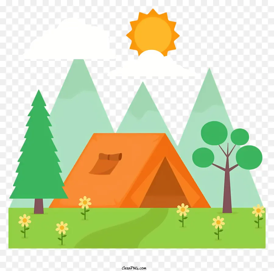 Campingplatzland Zeltbäume Sonne - Campingplatz mit Zelt, Bäumen, Sonne, Hügel, Blumen