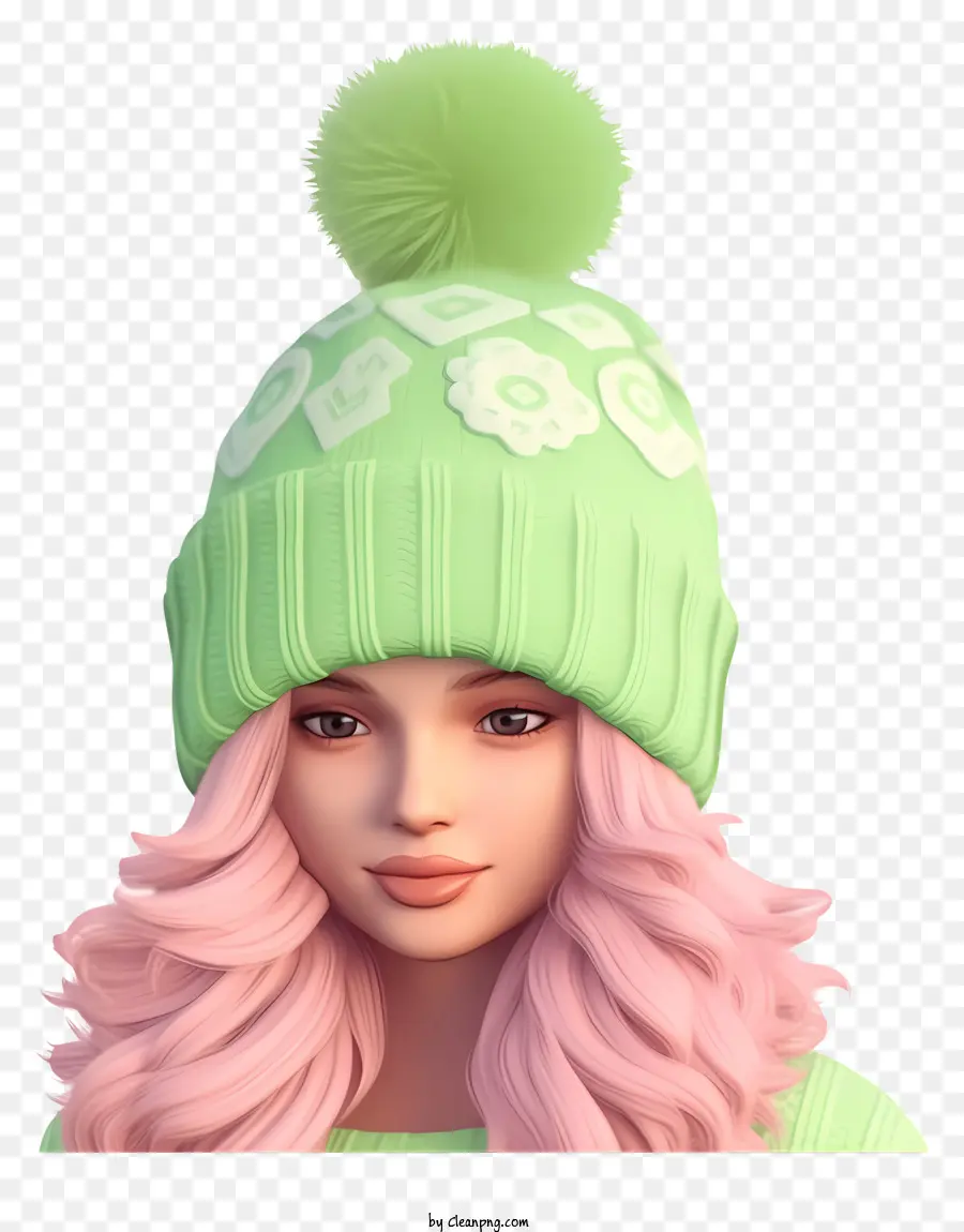 Mädchen grün gestrickte Hut rosa Flecken rosa Haare rosa Lippen - Mädchen mit grünem Hut, rosa Haaren und Kleidung