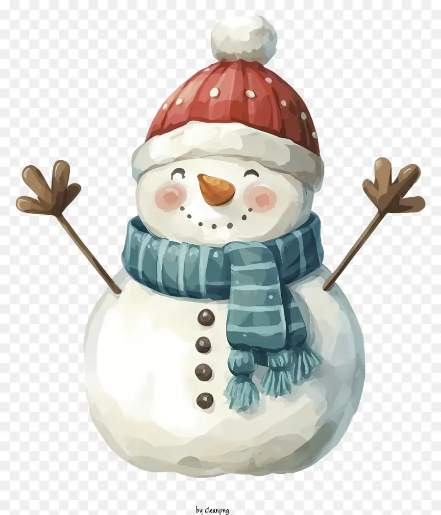 Pupazzo di neve - Snowman con cappello rosso e sciarpa su sfondo nero