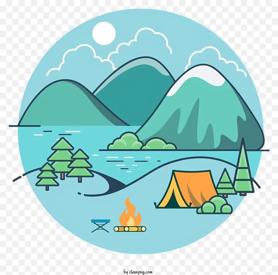 Campingplatz Zelte Campfire Mountains River - Campingplatz in Bergen mit Zelten, Lagerfeuer, Fluss