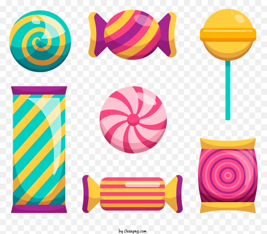 Lollipops Candies Variety Farben Größen - Lebendige Lutscher und Süßigkeiten auf schwarzem Hintergrund